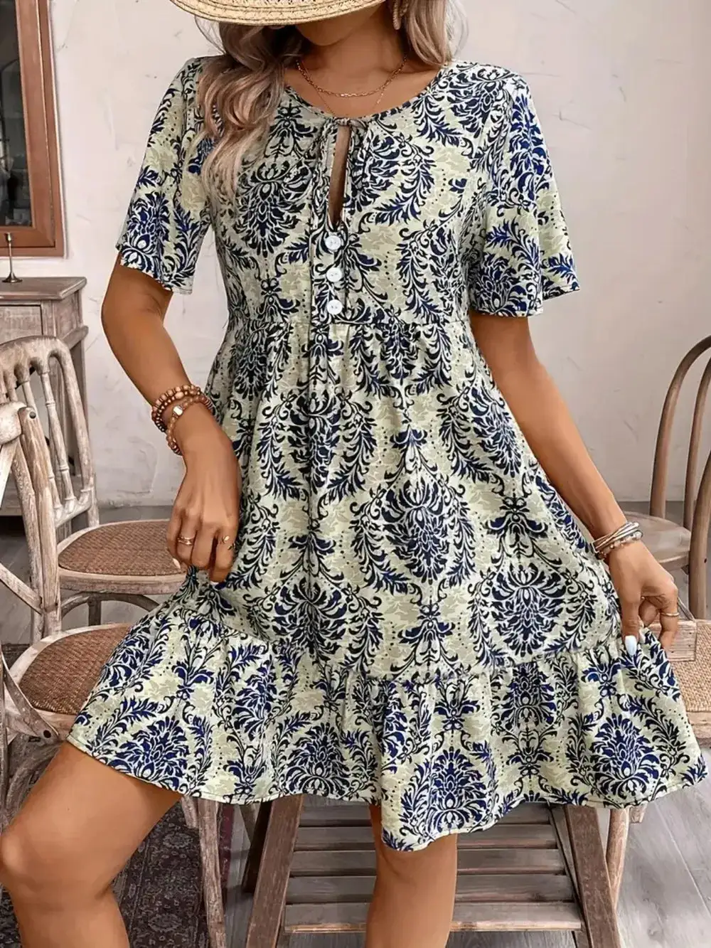 Short Sleeve Printed Midi Dress