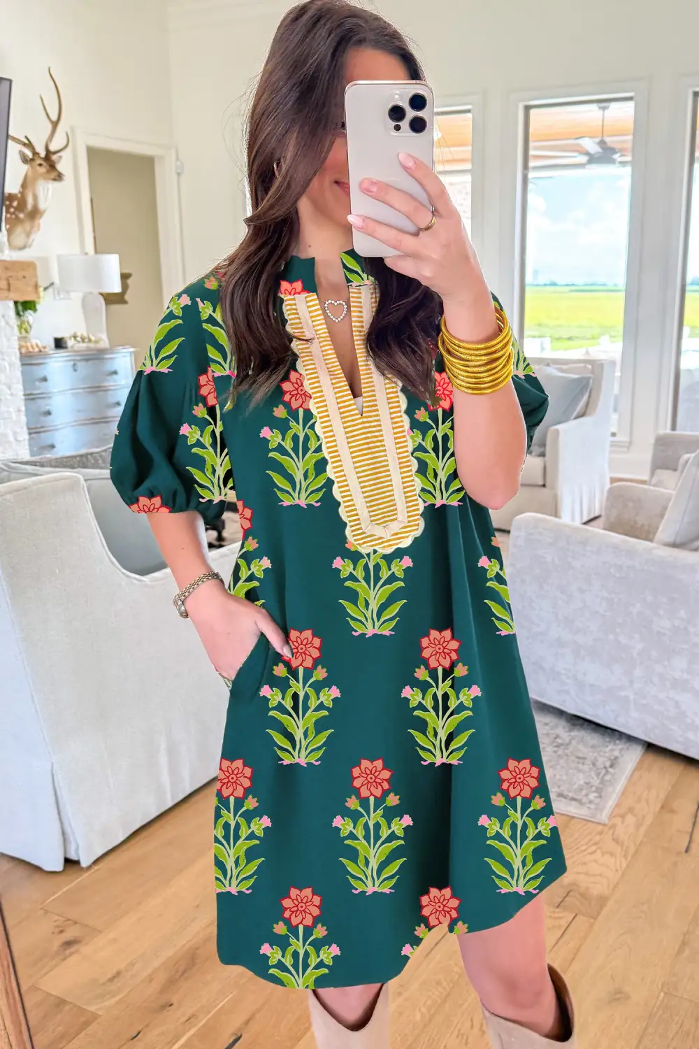 Drape Floral Striped Short Sleeve Dress