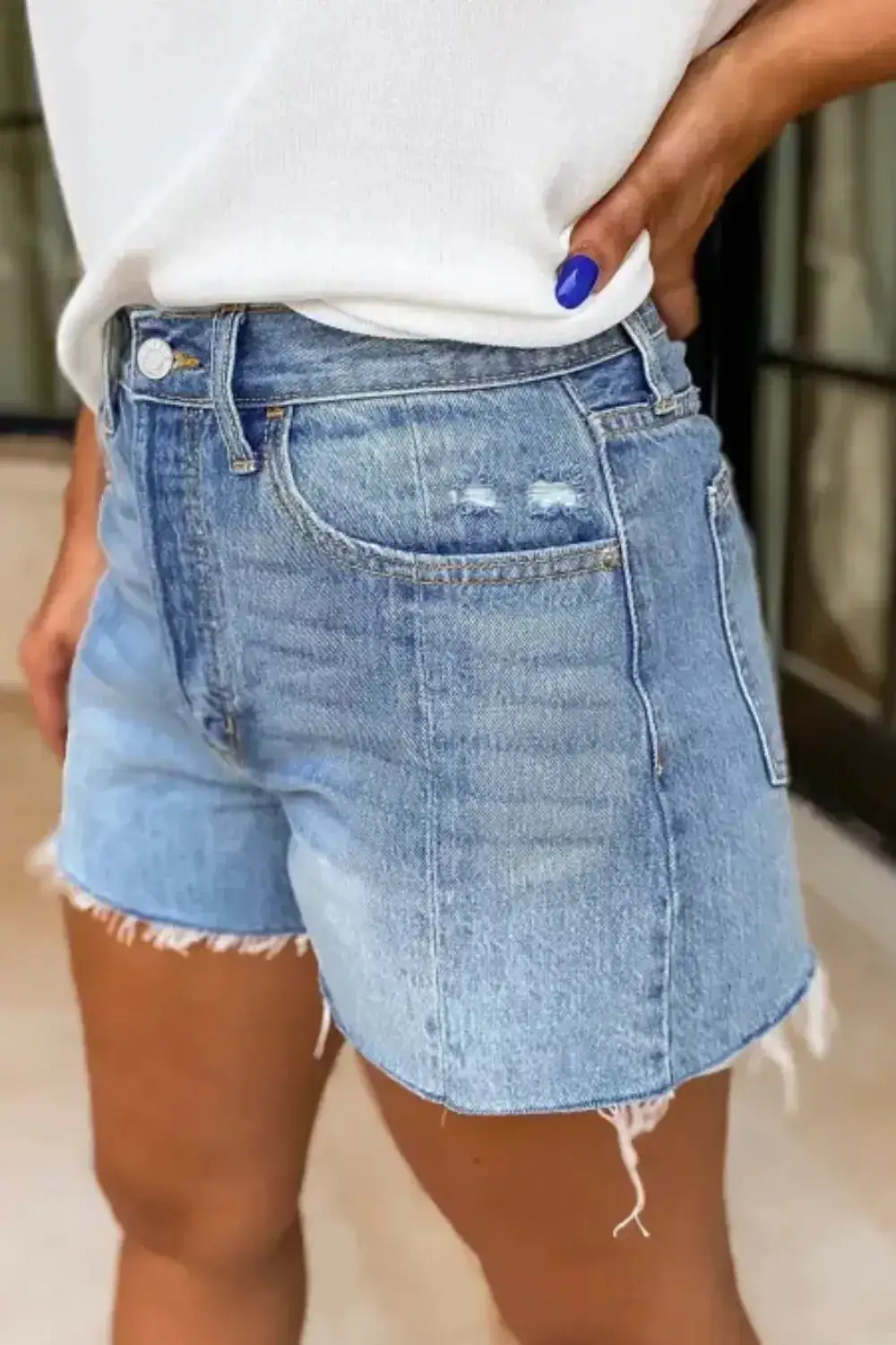 Frayed Hem High Waisted Denim Shorts