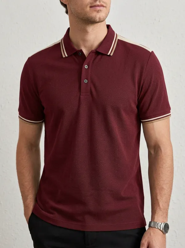Men's Knit Ribbed Textured Striped Contrast-Trim Polo Shirt