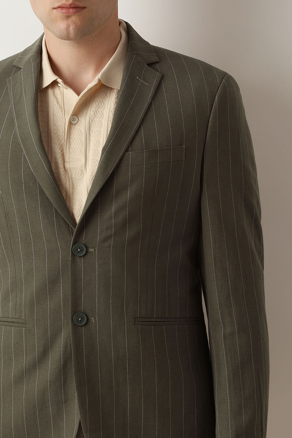 Green Striped Casual Blazer