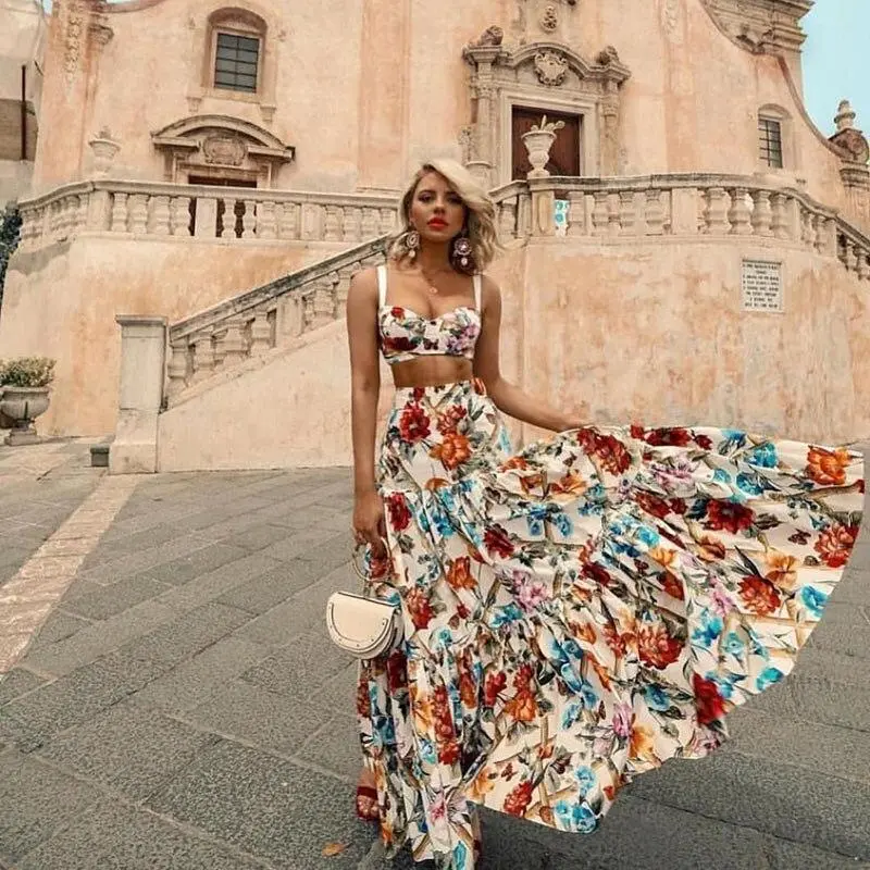 Plus Size Summer Flowers Two Piece Dress