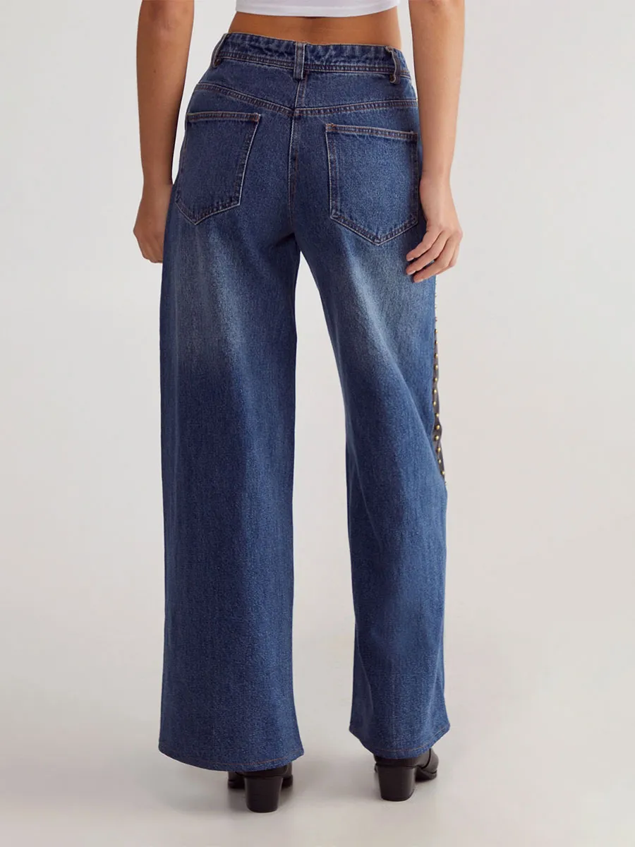 Women's Stylish Denim-Leather Studded Wide-Leg Pants