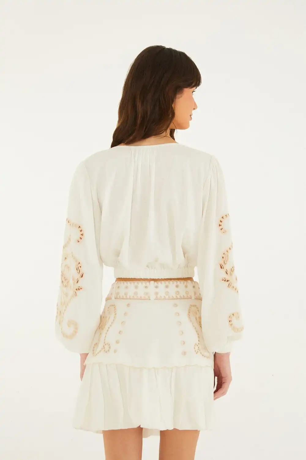 Embroidered Floral Long-Sleeve Cropped Blouse
