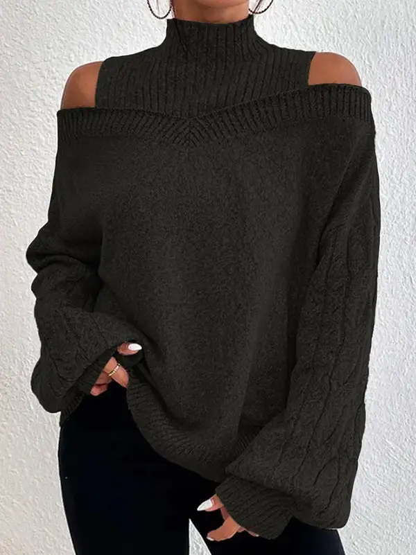 Openwork Paneled Cold Shoulder Long Sleeve Relaxed Fit Pullover Sweater