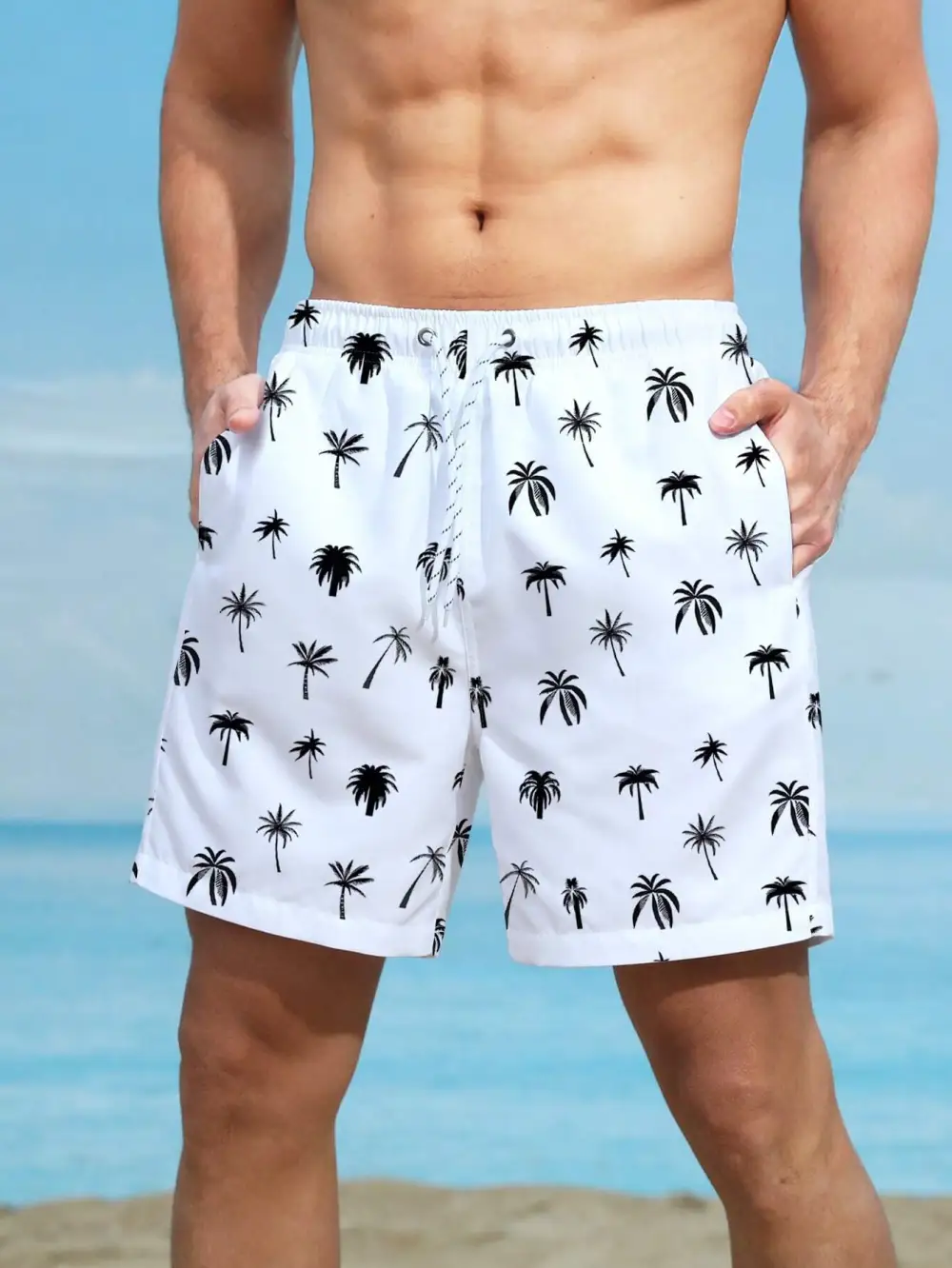 Men's Coastal Coconut Tree Print Swim Trunks