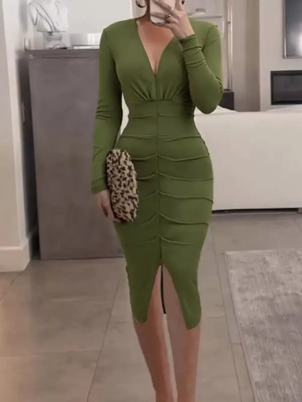 V Neck Ruched Midi Dress