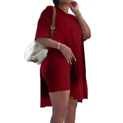 Women Plus Size 2 Piece Outfits Short Sleeve Tunic Tops And Skinny Biker Shorts Sets Tracksuits Womenswear Bodycon Split Hem Lounge