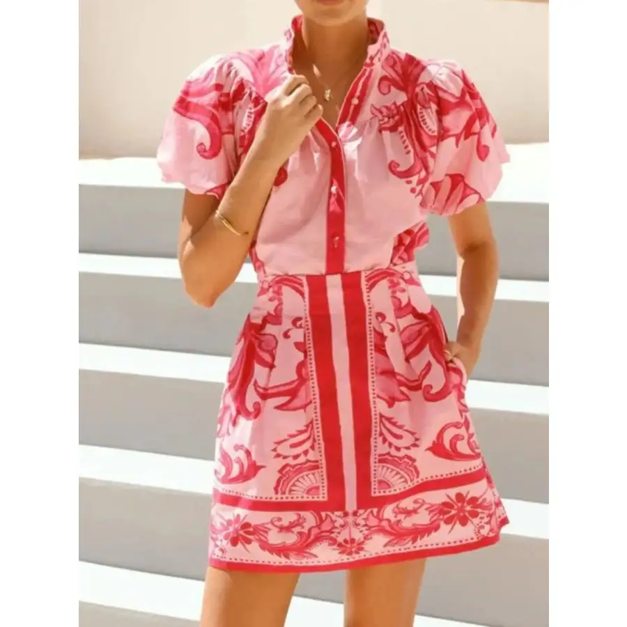 Printed Puff Sleeve Top and Skirt Set
