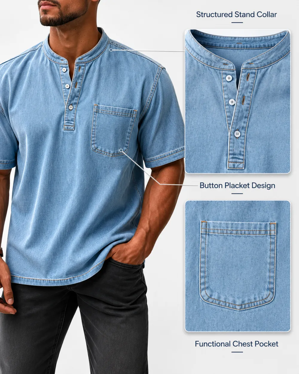 Men's Washed Stand Collar Henley Shirt