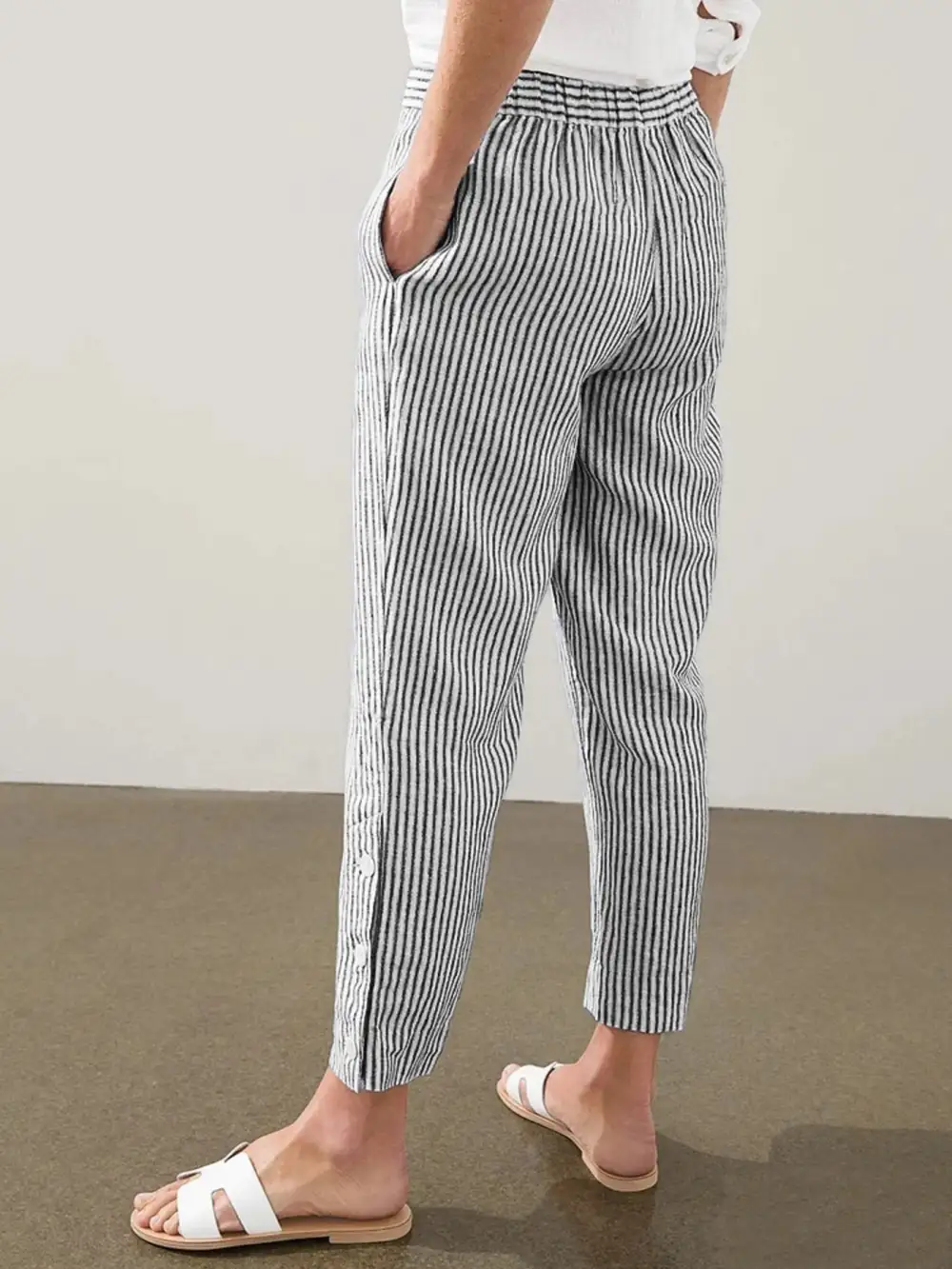 Striped Side Button Detail Plus Pants