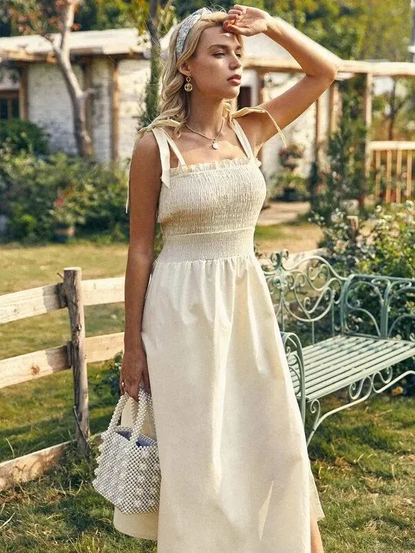 Women Solid Shirred Bodice Split Thigh Knotted Cami Dress