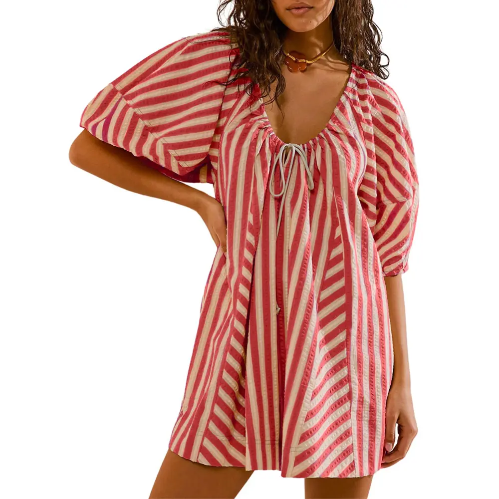 Womens Striped Romper Casual Loose Puff Sleeve Wide Leg Jumpsuit