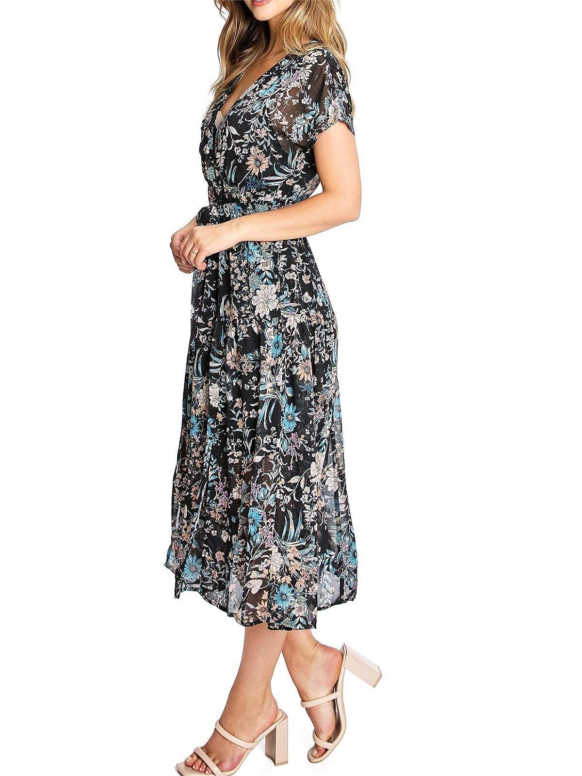 Black Floral Wrap - Style Midi Dress