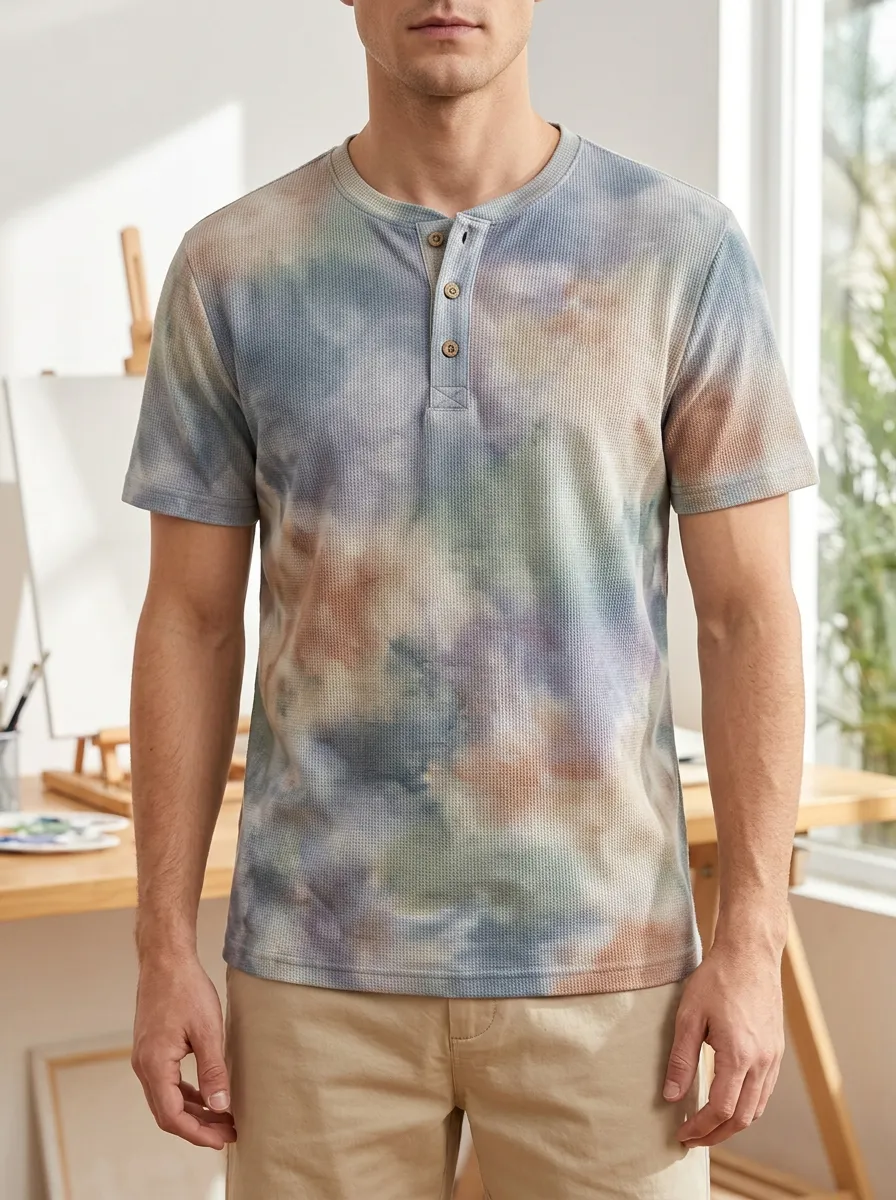 Men's Tie-Dye Waffle Knit Pattern Printed Henley T-Shirt