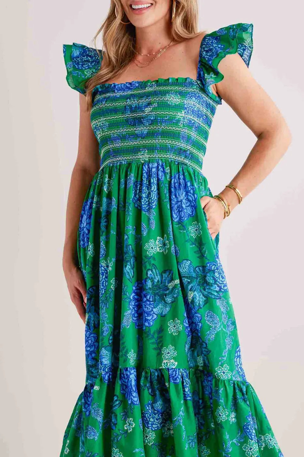 Green Ruffled Hem Flared Maxi Dress