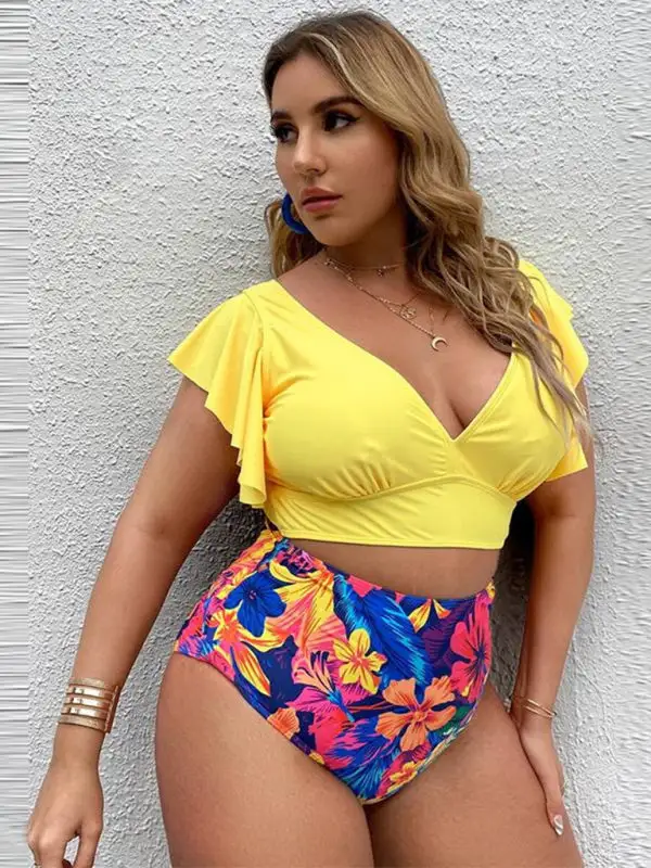 Plus Size Falbala V Neck Bikini Swim Set