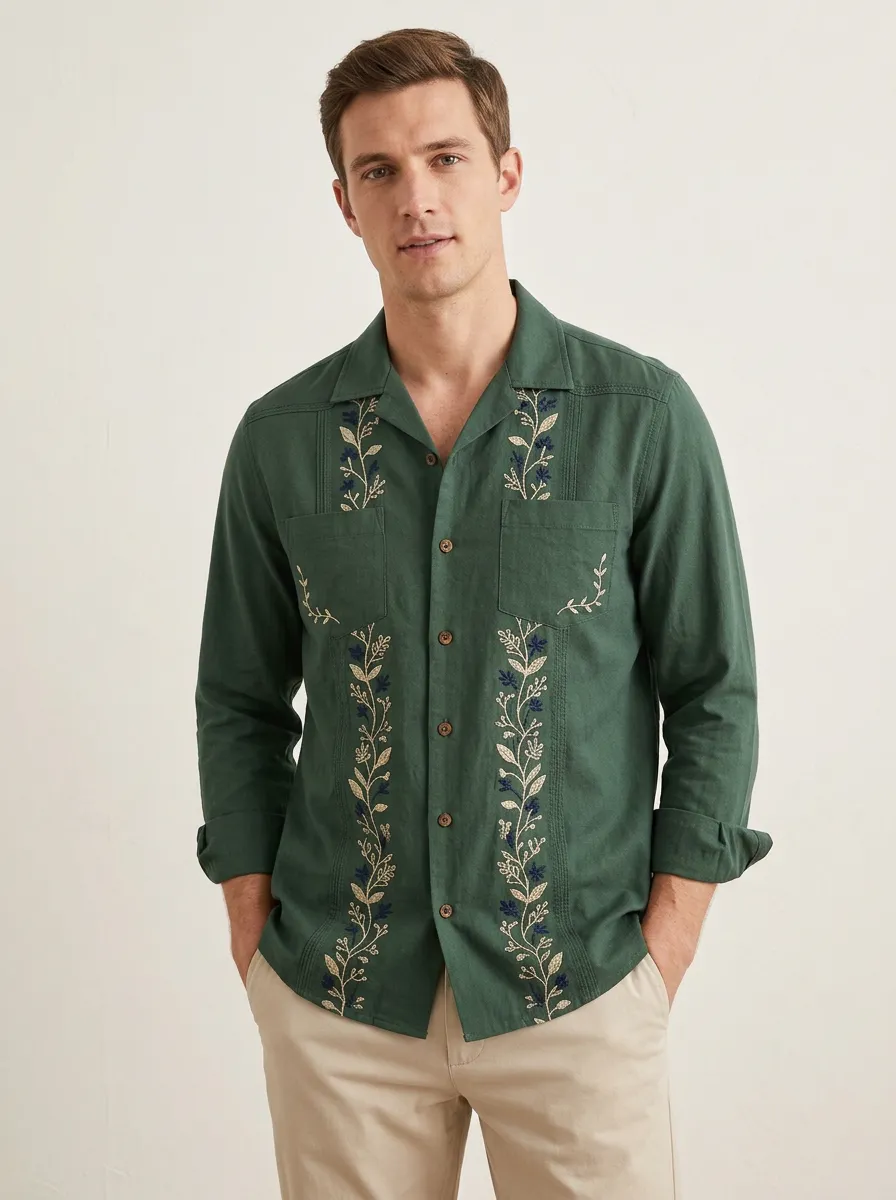 Men's Floral Embroidered Artful Long Sleeve Shirt