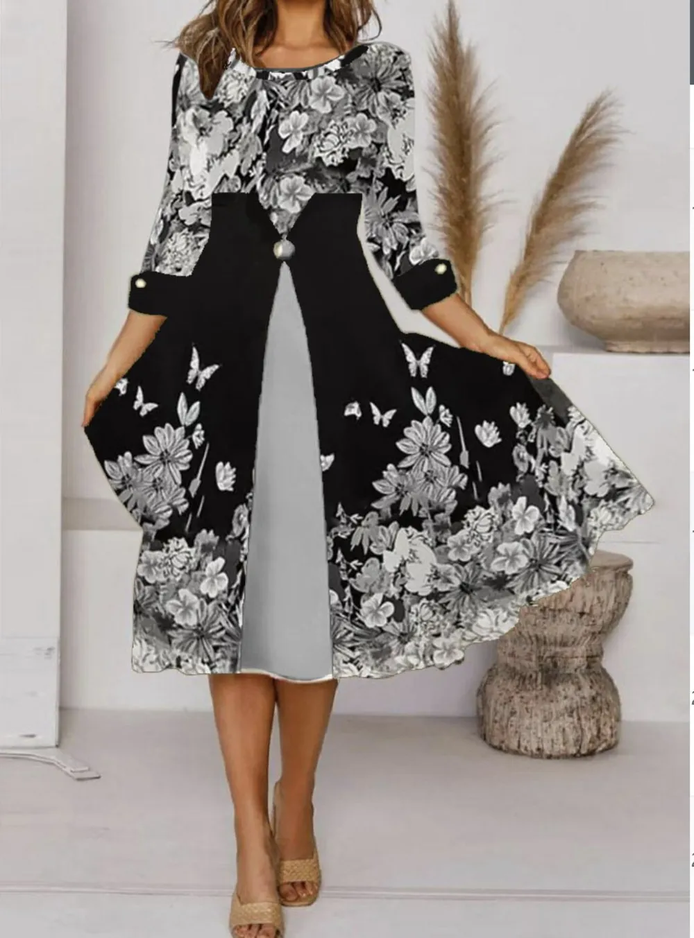 Printed elegant mid-sleeve round neck dress