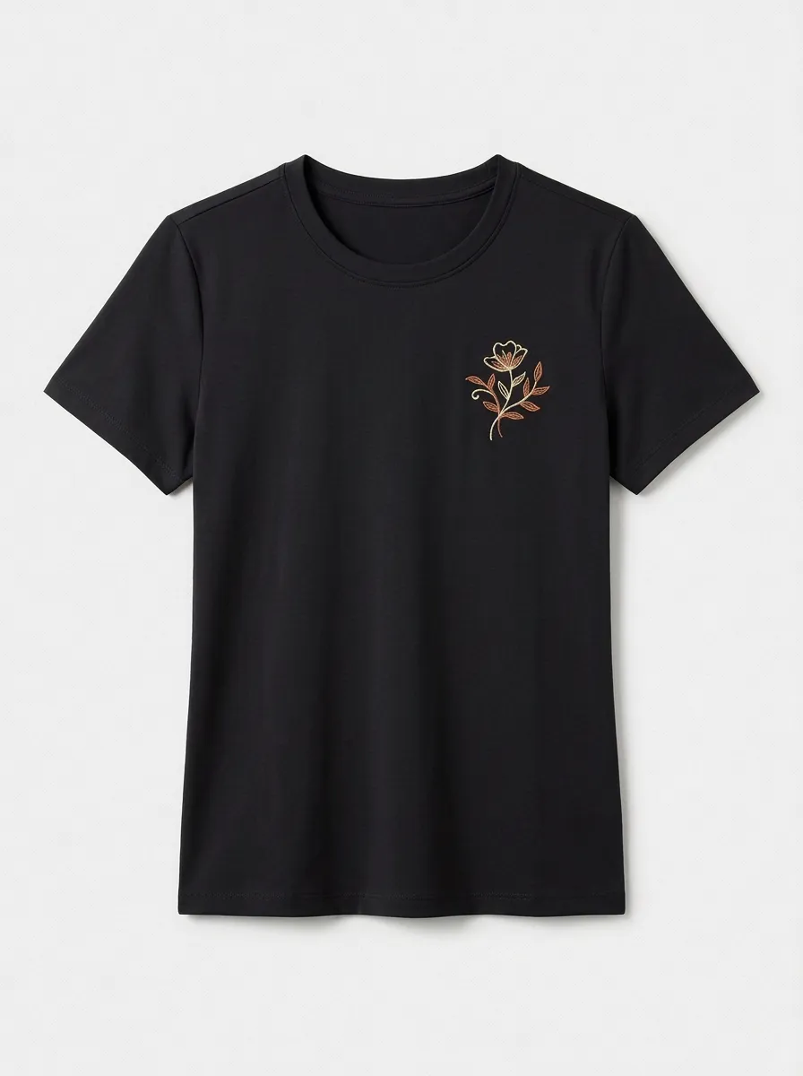 Women's Minimal Floral Embroidered Crewneck T-Shirt