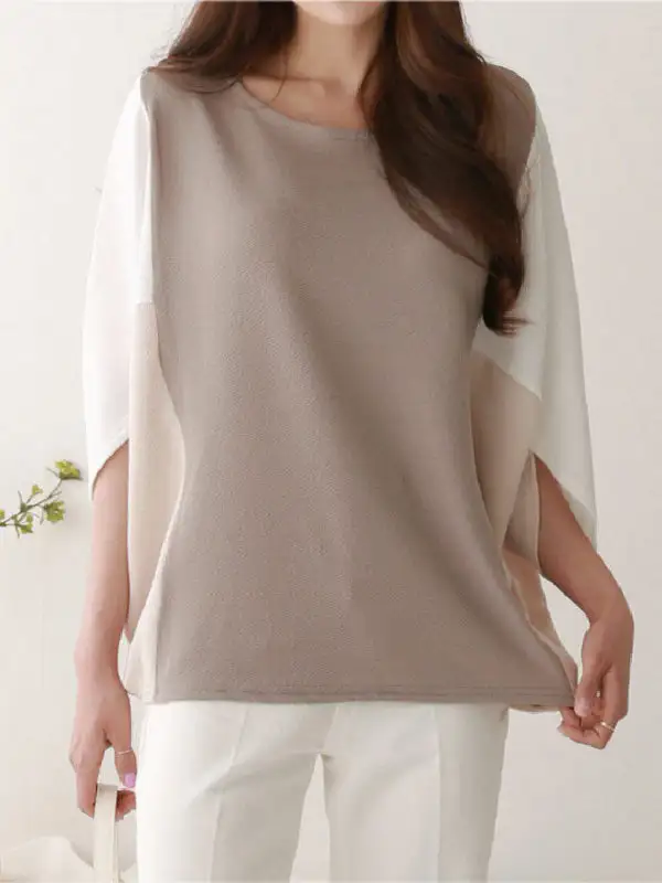 Batwing Sleeve Relaxed Contrast Panel Detail Round Neck T-Shirt