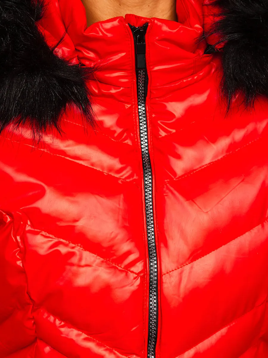 women's red quilted winter jacket with hood
