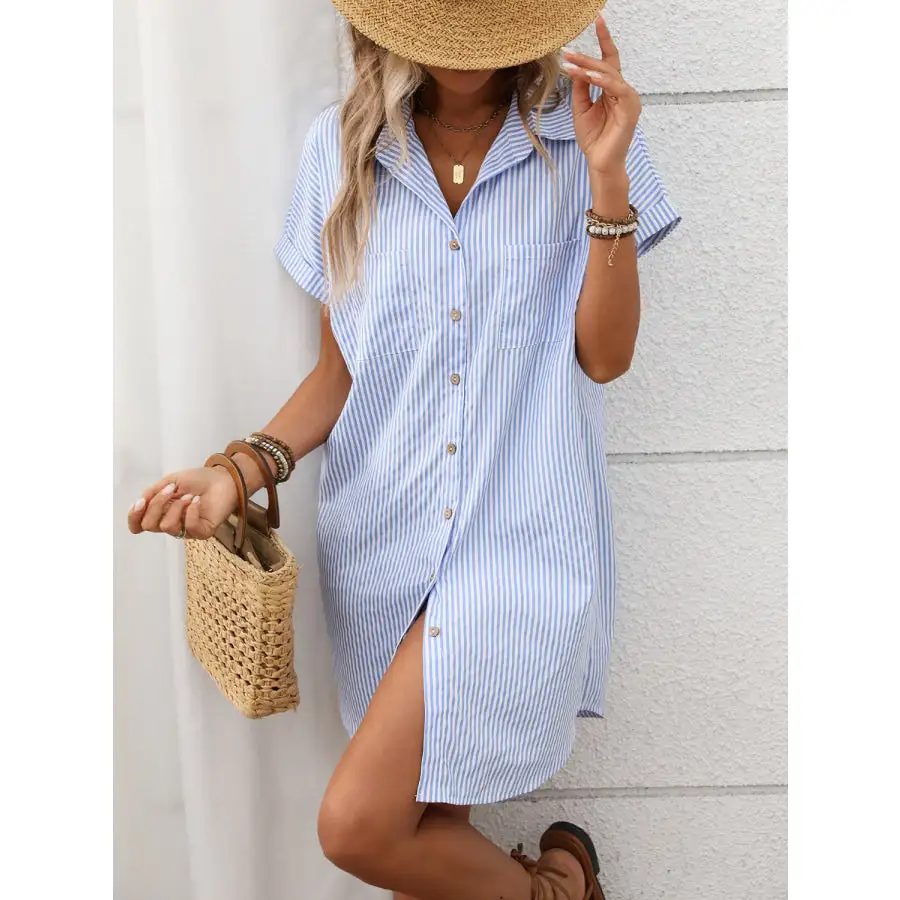 Striped Button Down Short Sleeve Mini Dress