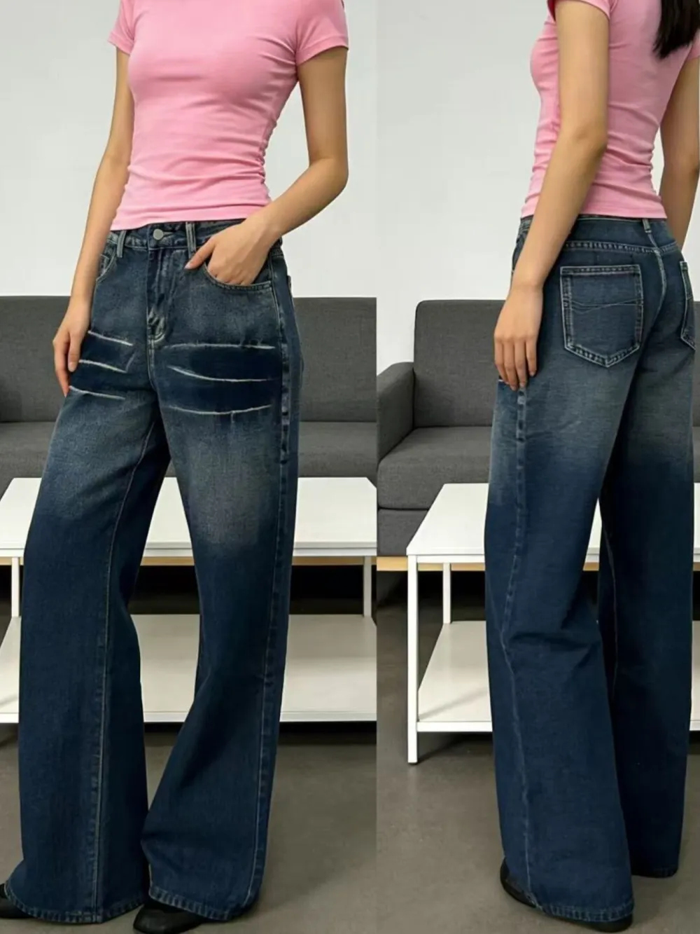 Utility Wide Leg Washed Denim Jeans