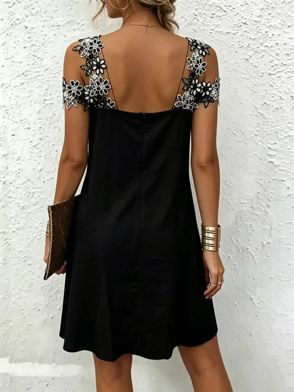Lace Floral Trim Cold Shoulder Mini Dress