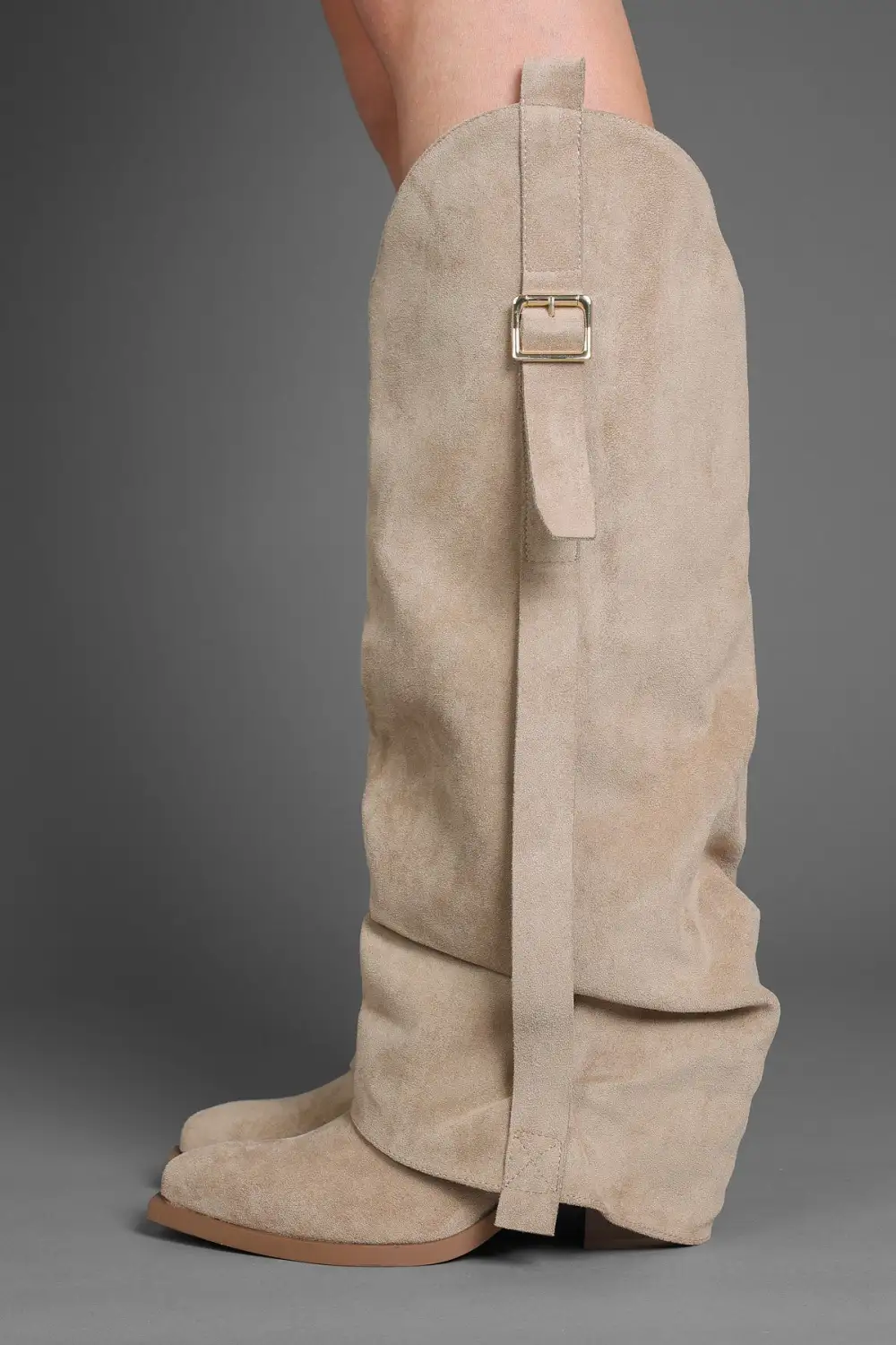 Western Inspired Western Slouch Fold-Over Buckle Detail Knee High Boots