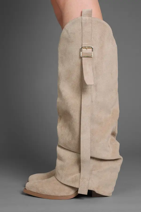 Western Inspired Western Slouch Fold-Over Buckle Detail Knee High Boots