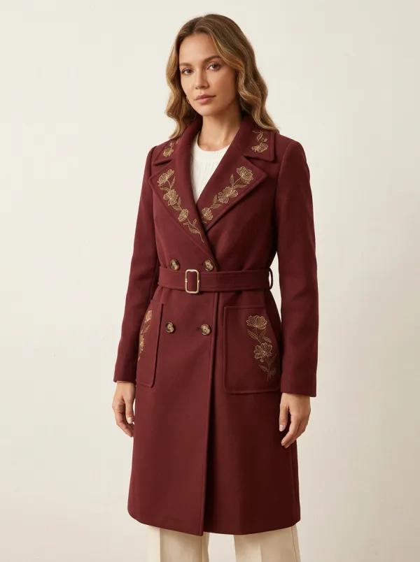 Women's Floral Embroidery Brown Belted Wool Blend Overcoat