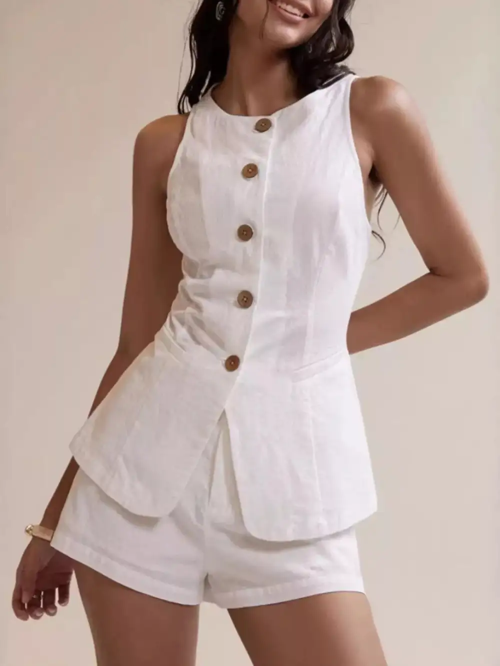 Button Down Sleeveless Top Shorts Set