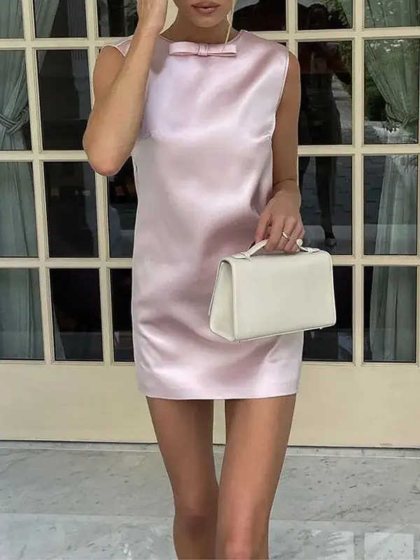 Relaxed Sleeveless Backless Solid Color Round Neck Mini Dress