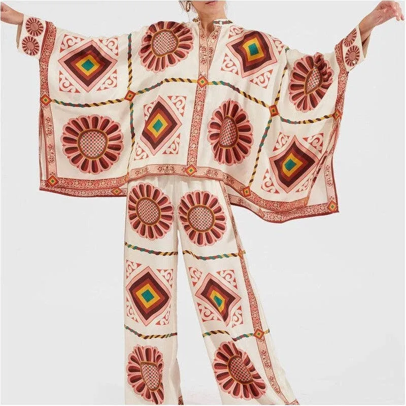 Printed Raglan Sleeve Top & Pants Set Two-piece Coord
