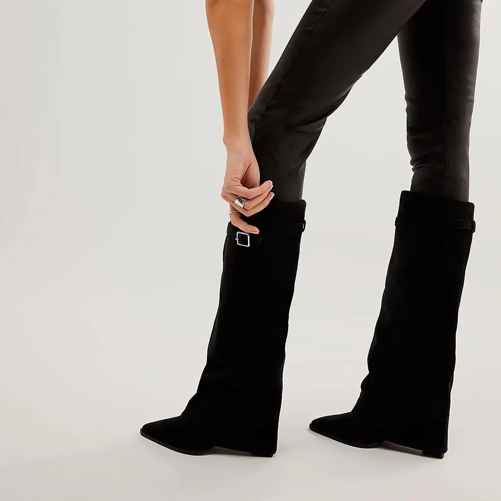 Faux-Suede Strappy Pointed-Toe Chunky-Heel Knee-High Boots