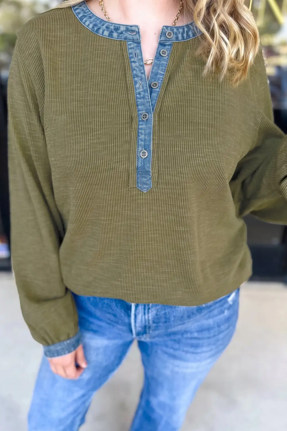 Color Block V Neck Ribbed Relaxed Cotton Blend Long Sleeve Top