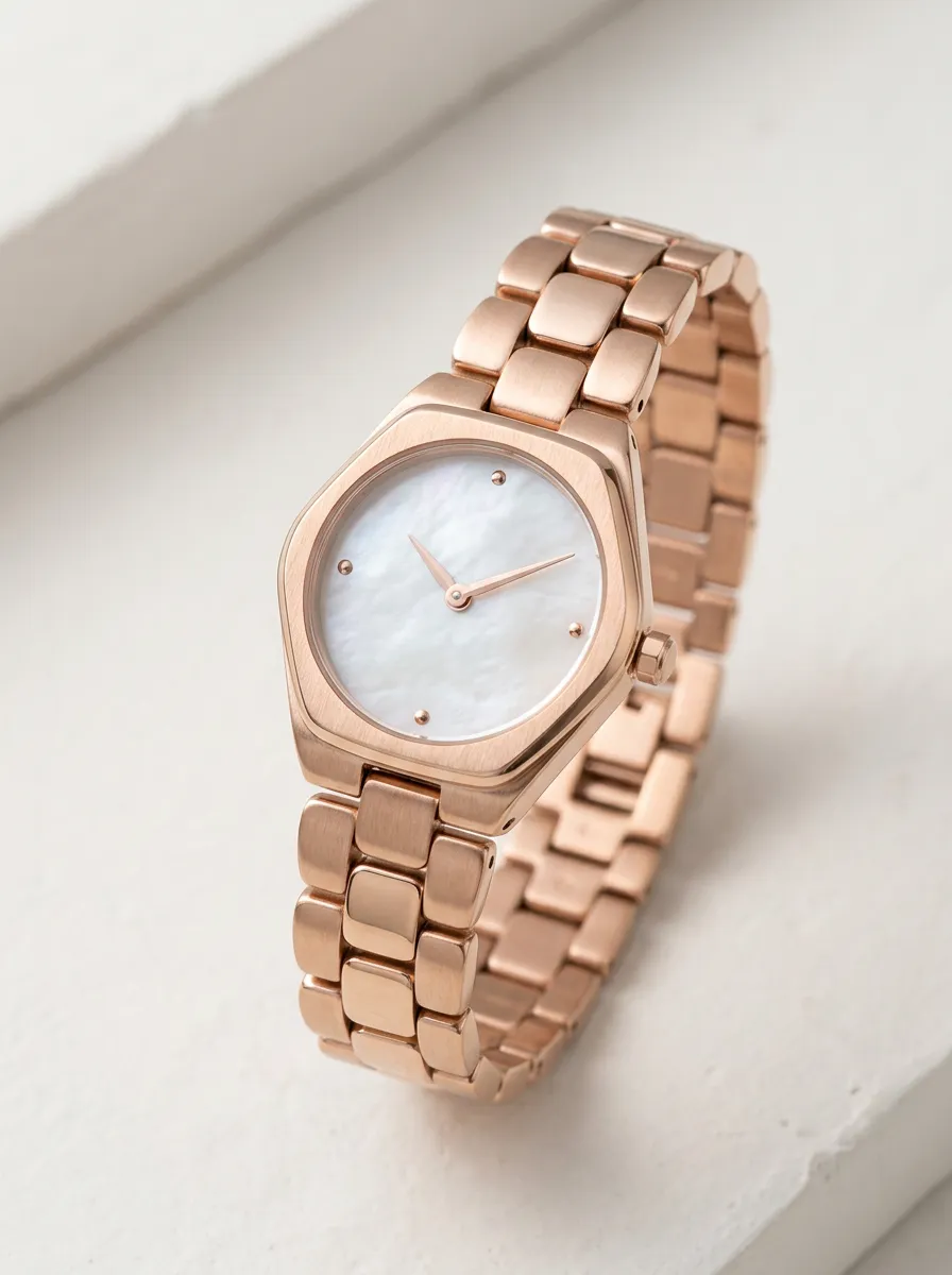 Rose Gold Hexagonal Case Watch With Mother-of-pearl Dial