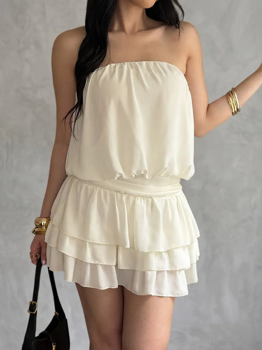 Sleeveless Elasticity Pleated Ruffle Solid Color Split Joint Tube Mini Dress