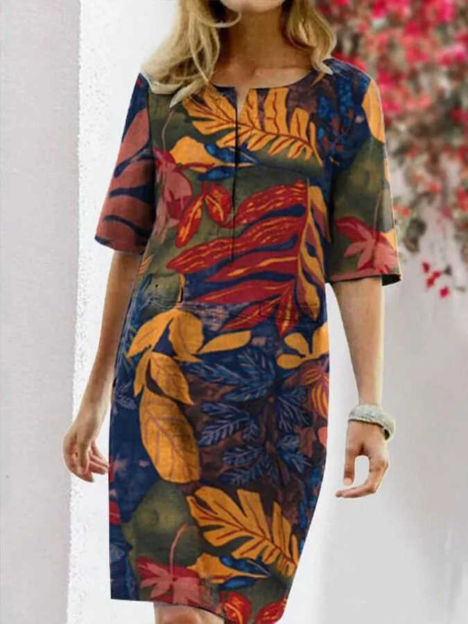 Women's Printed Split Round Neck Half Sleeve Vintage Dress