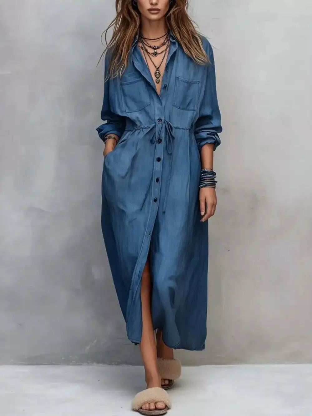 Button Front Long Sleeve Drawstring Waist Shirt Dress