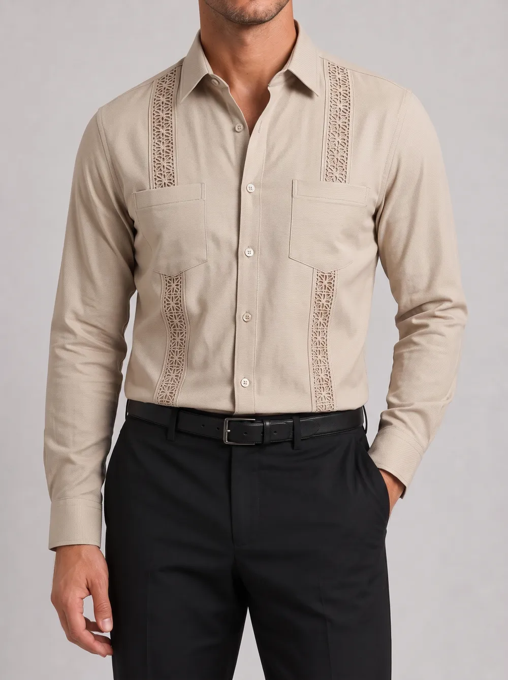 Men's Casual Beige Guayabera Embroidered Long Sleeve Shirt