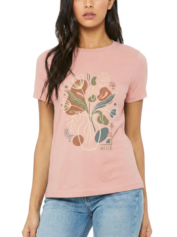 Women's Boho Floral Muse Vase Art Graphic Crewneck T-Shirt