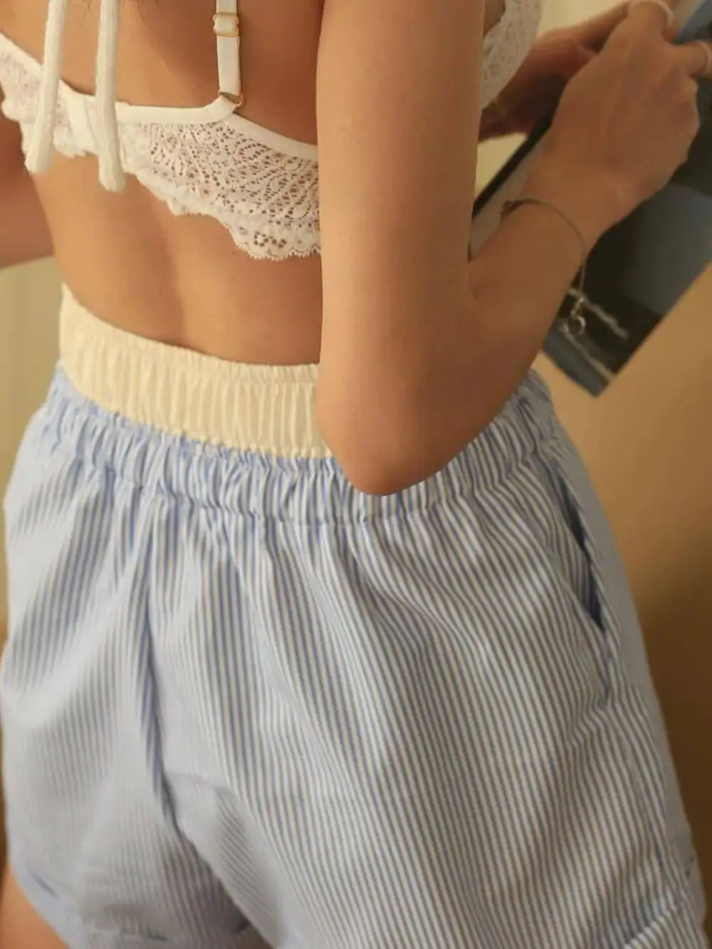 Textured Striped Elastic Waist Shorts