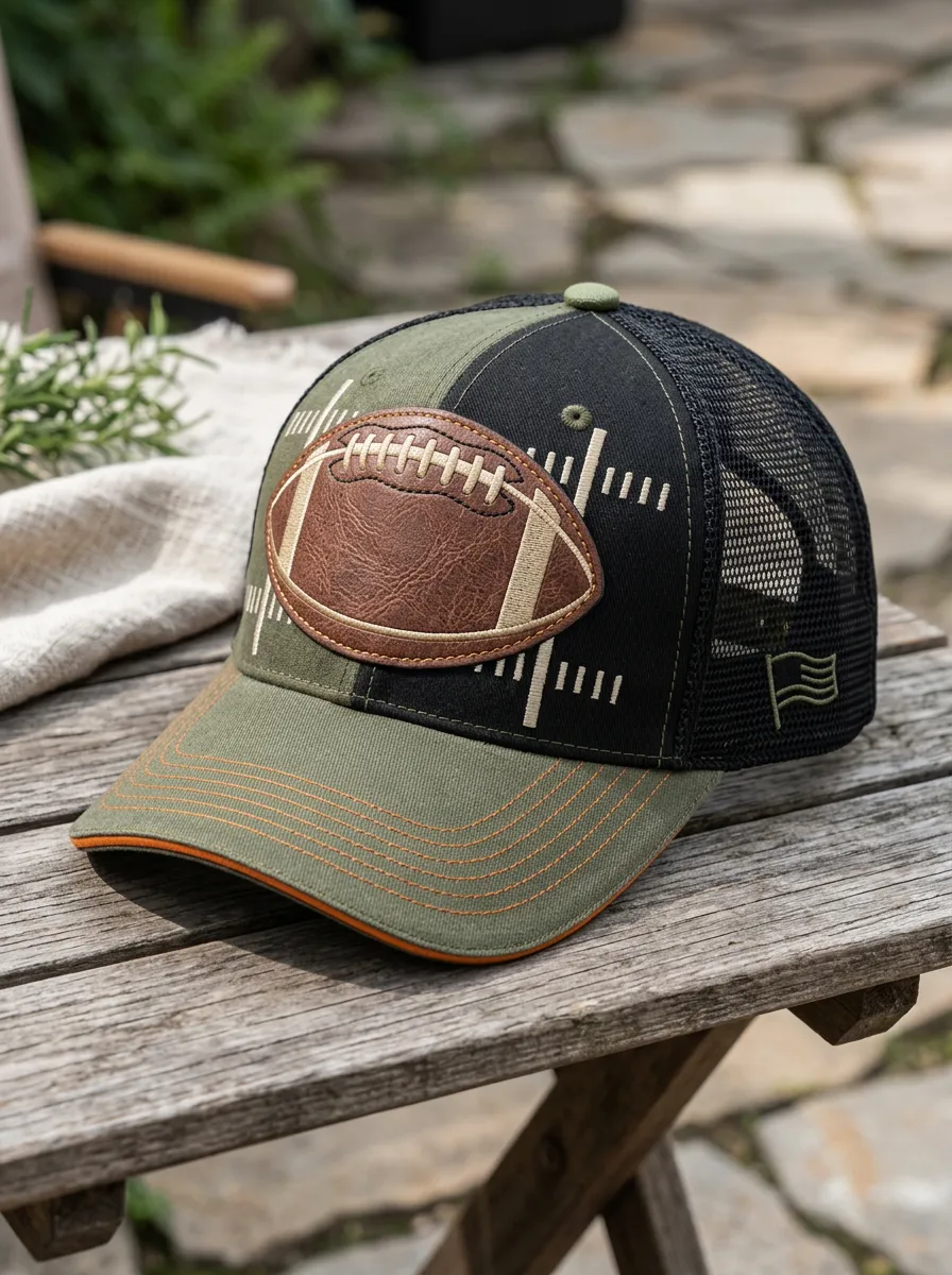 Men's Football Fan Field Pattern Leather Patch Trucker Cap