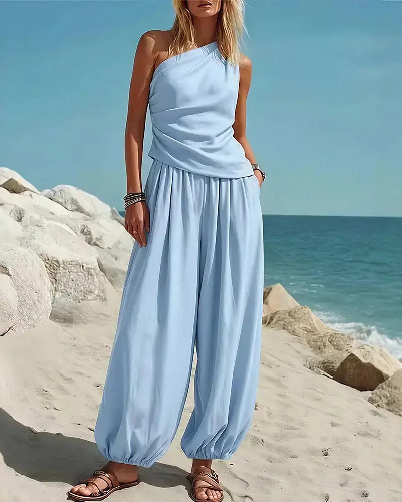 Draped Top and Flowy Harem Pants Two-Piece Set