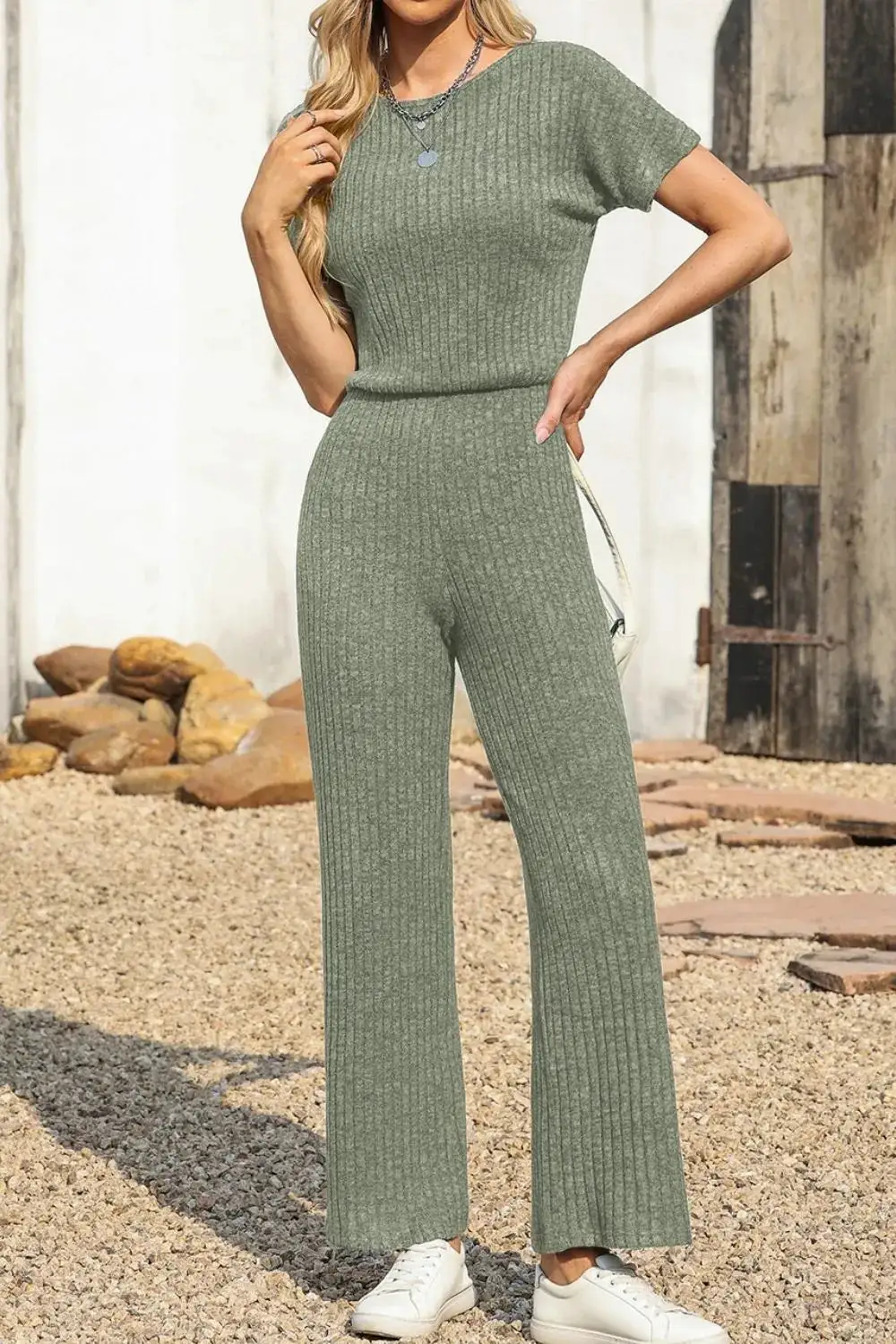 Ribbed Short Sleeve Wide Leg Jumpsuit Shorts