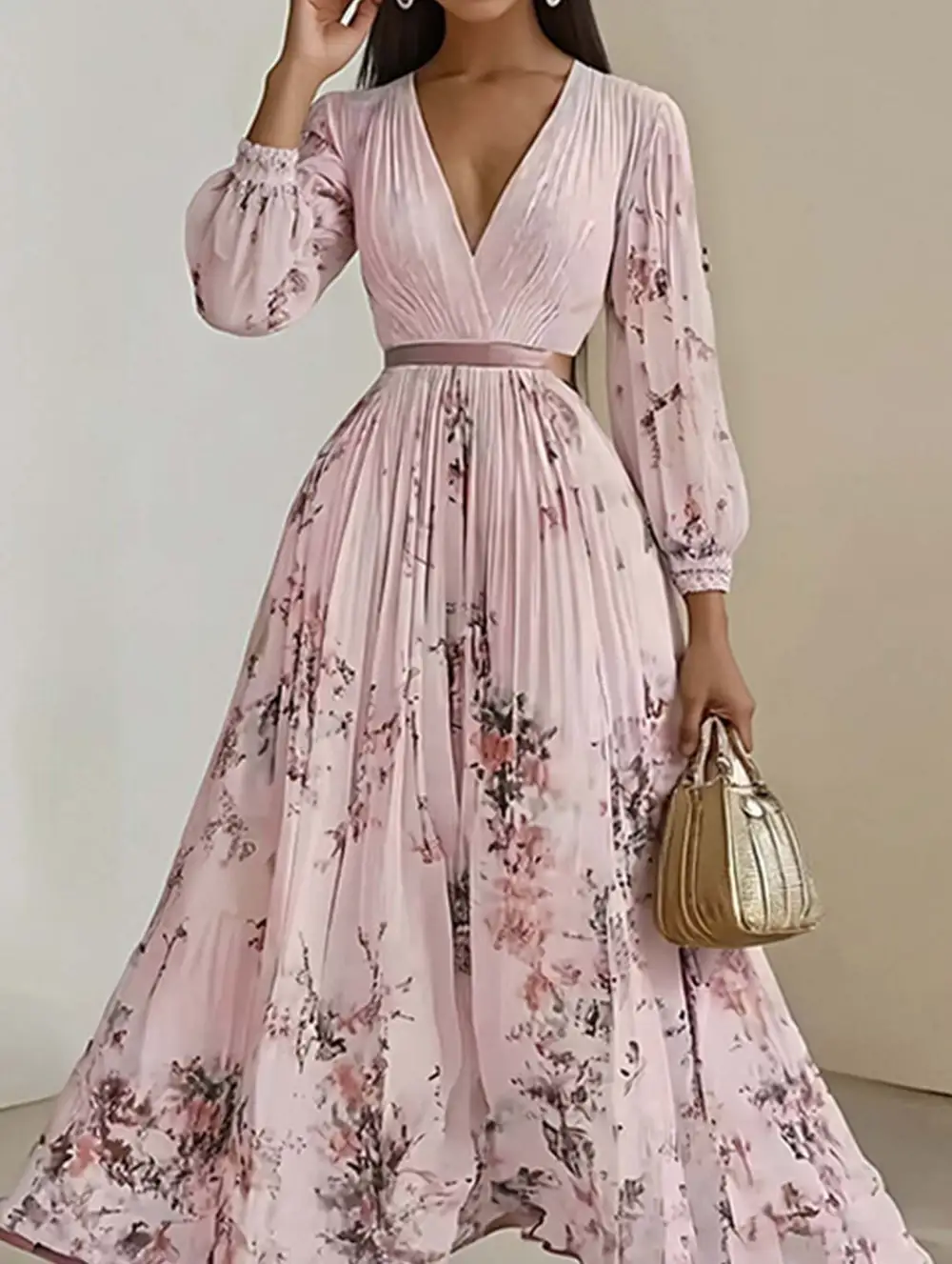 V-Neck Pleated Printed Slim Maxi Dress