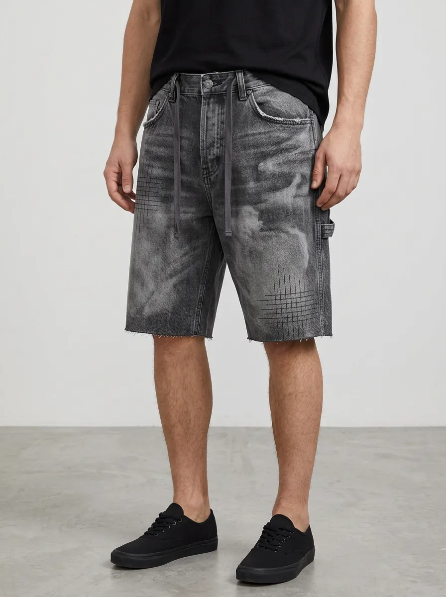 Storage-Ready Raw Hem Geometric Utility Look Men's Distressed Raw Hem Denim Shorts