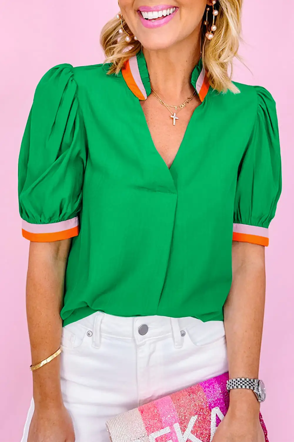 Textured V-Neck Puff Sleeve Blouse